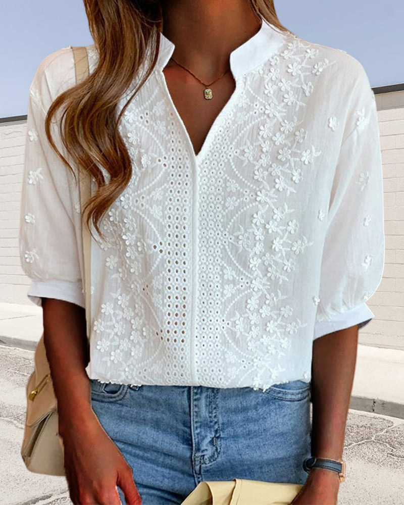 Valentina Blouse pour Femme – Décolleté en V, Manches Bouffantes et Détails Patchwork
