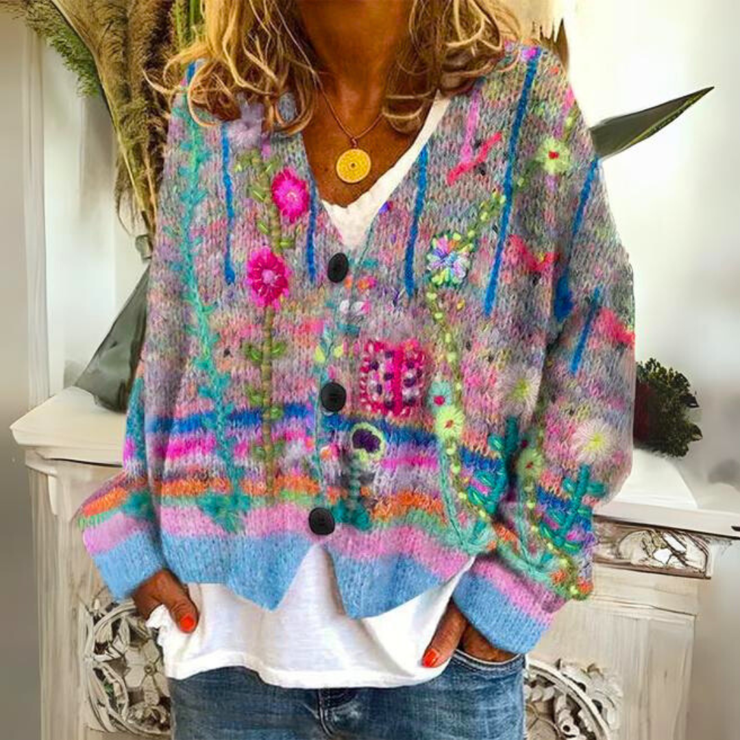 Elisa Cárdigan Bohemio para Mujer – Chaqueta de Punto Floral Multicolor Chic