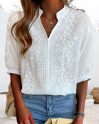 Valentina Blouse pour Femme – Décolleté en V, Manches Bouffantes et Détails Patchwork