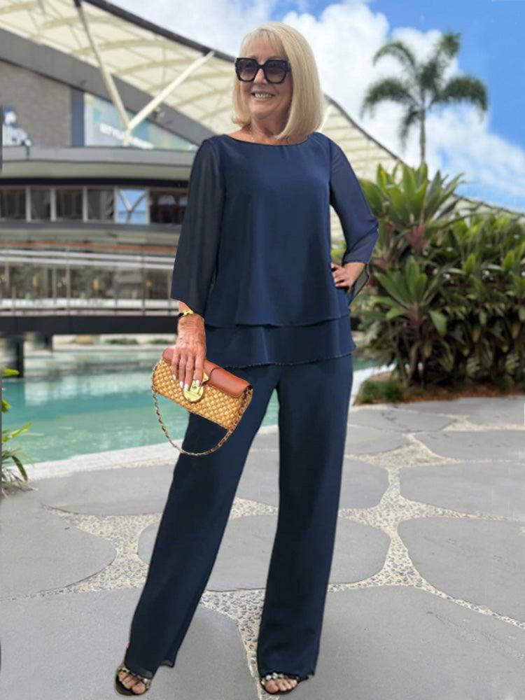 Clara Conjunto de Dos Piezas para Mujer – Blusa Elegante 3/4 y Pantalón Cómodo