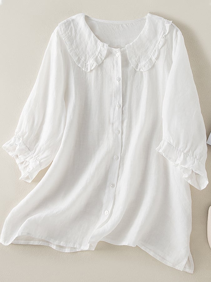 Jillian Blusa para Mujer – Camisa de Algodón y Lino con Cuello Volantes Chic