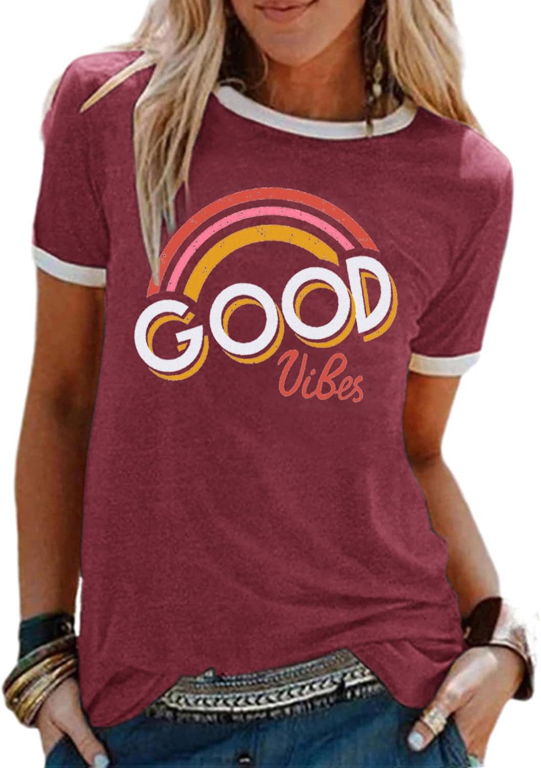 Lily Camiseta Mujer Arcoíris – Cuello Redondo, Manga Corta y Tejido Suave