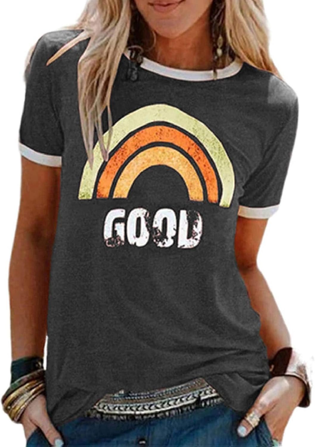 Lily Camiseta Mujer Arcoíris – Cuello Redondo, Manga Corta y Tejido Suave