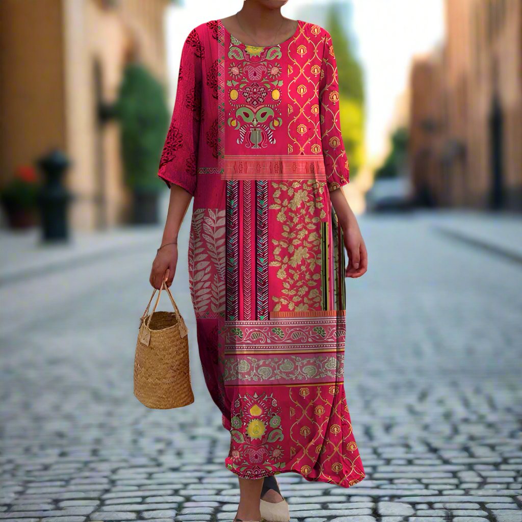 Aurora Robe Maxi pour Femme – Design Bohème Rouge avec Imprimé Ethnique et Coton Léger