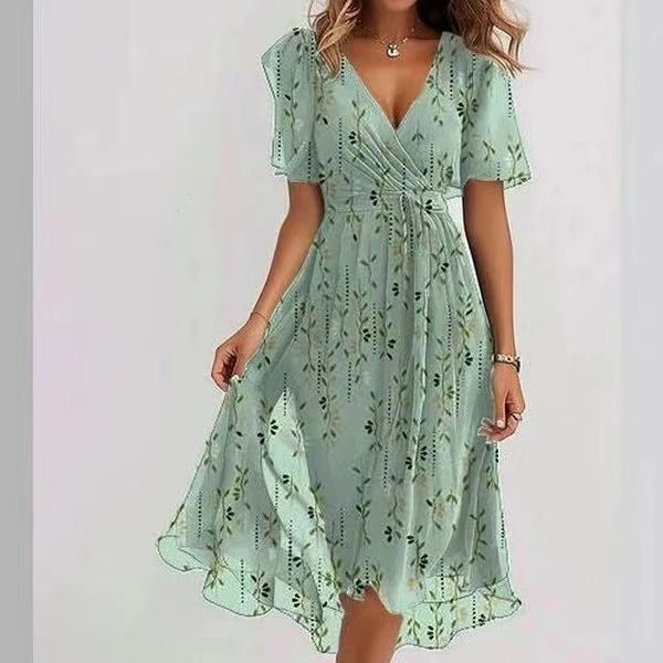Eméline Vestido Midi Floral para Mujer – Vestido Elegante de Chifón Verano Chic