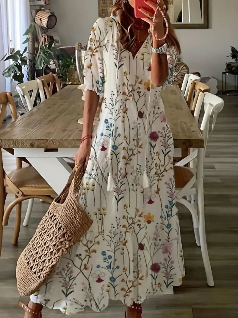Charm Vestido Bohemio para Mujer – Vestido Floral Ikat con Escote en V Chic
