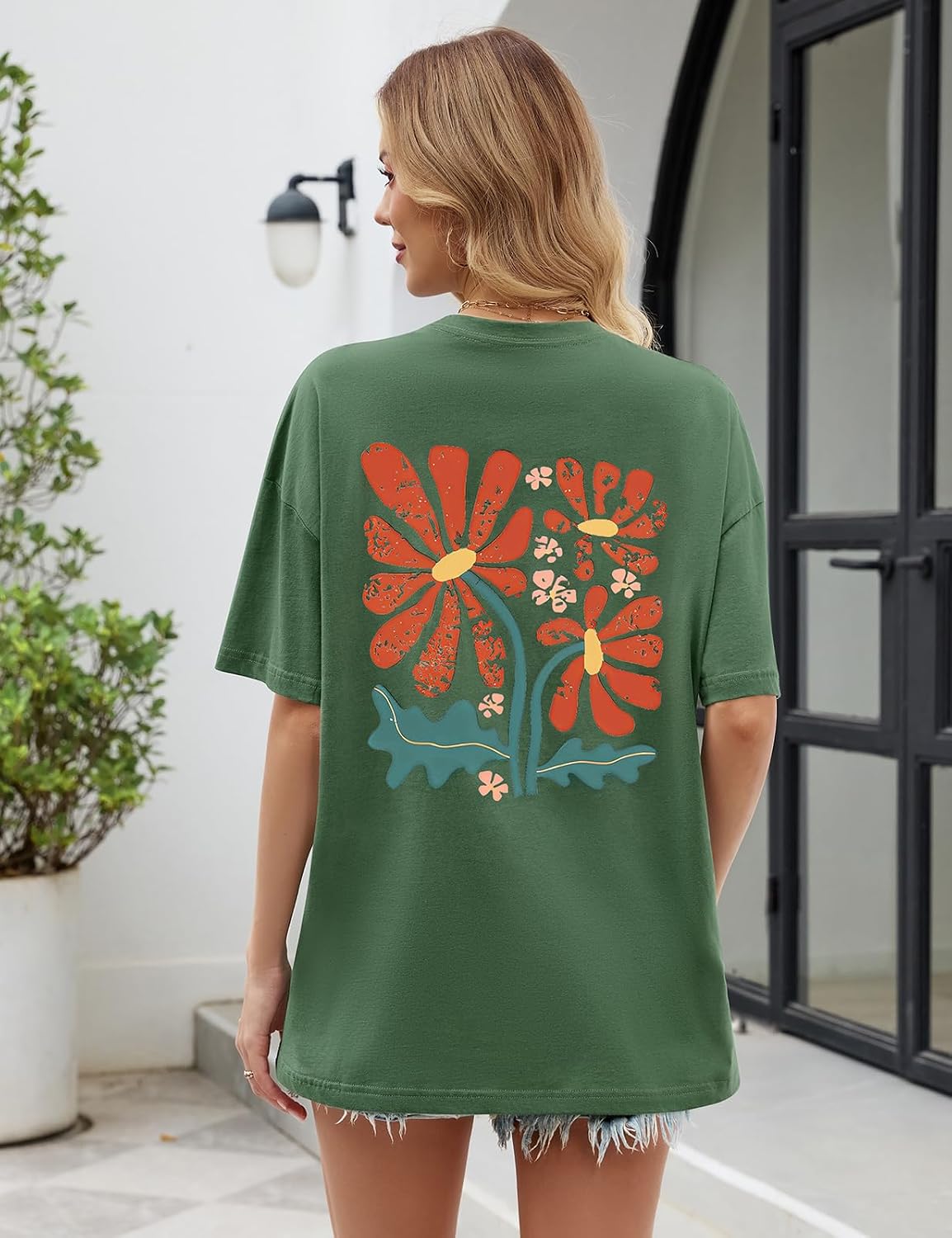 Monica Camiseta Oversize Mujer – 100% Algodón, Estampado Arcoíris y Floral