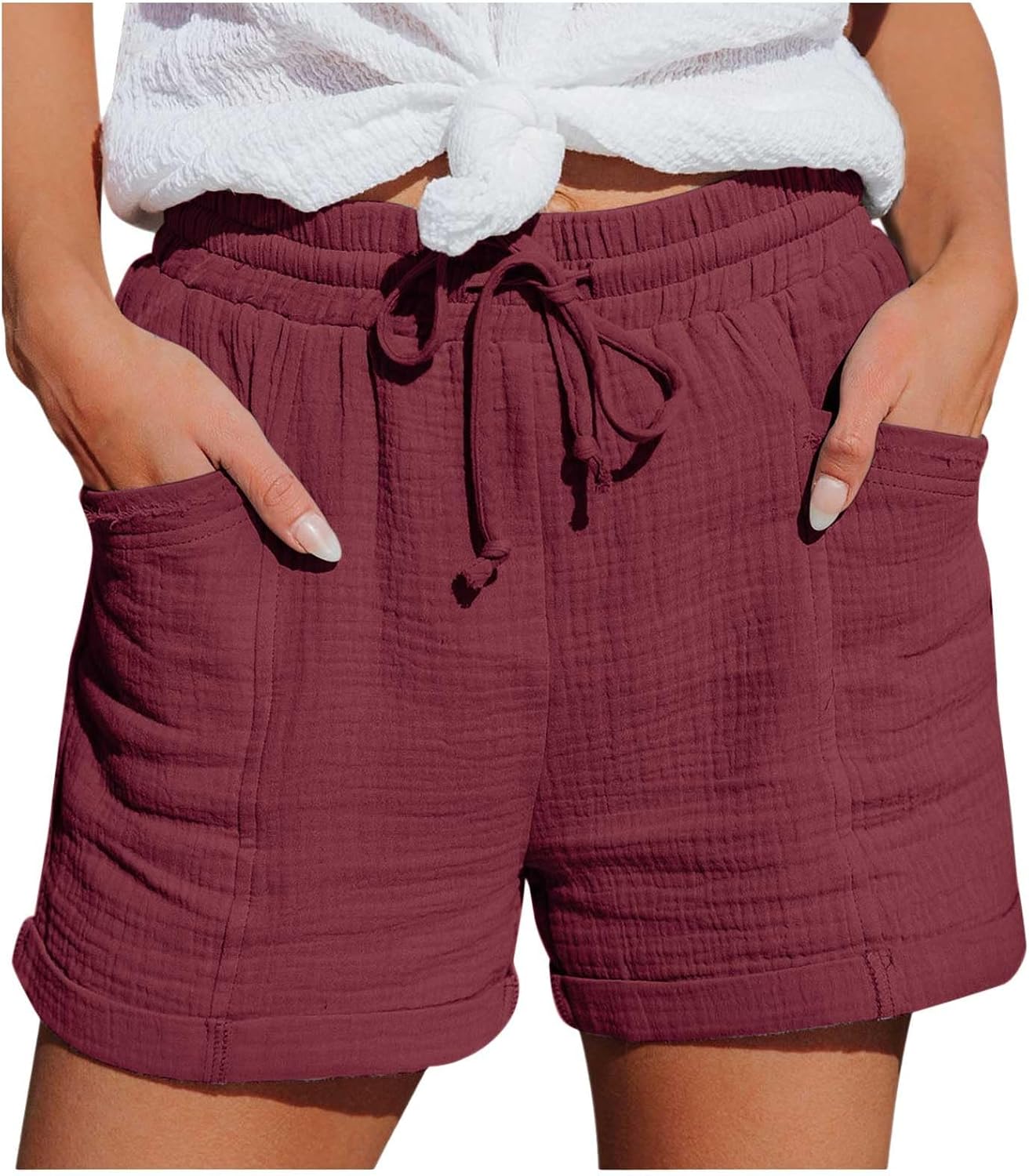 Mia Pantalones Cortos Mujer – Lino Ligero, Cintura Elástica y Bolsillos