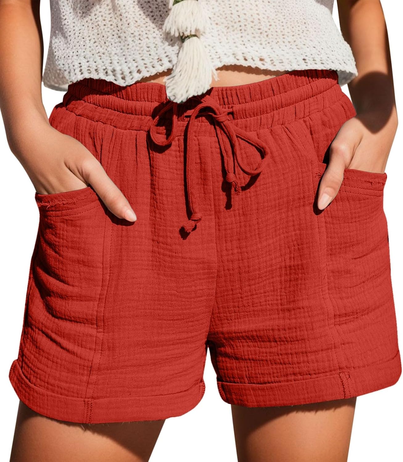 Mia Pantalones Cortos Mujer – Lino Ligero, Cintura Elástica y Bolsillos