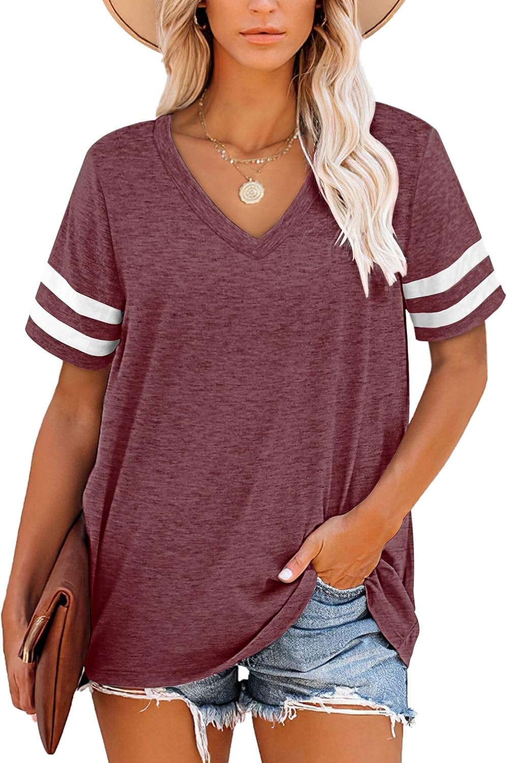 Harper T-shirt Femme Rayures – Col en V, Manches Courtes et Tissu Doux