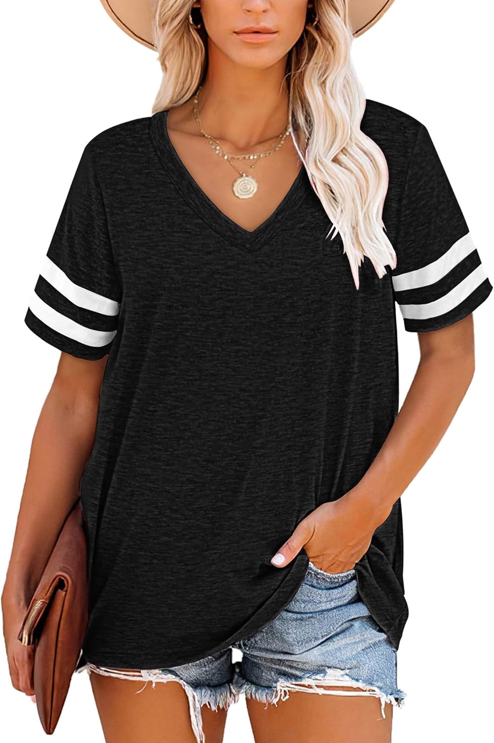 Harper T-shirt Femme Rayures – Col en V, Manches Courtes et Tissu Doux