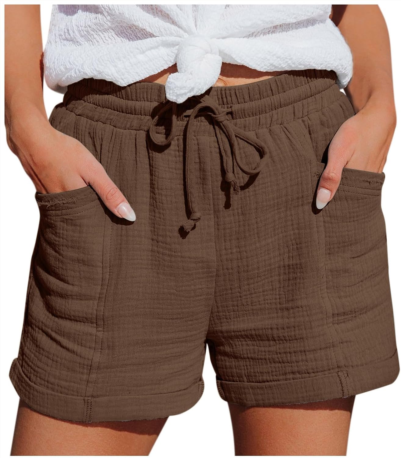 Mia Pantalones Cortos Mujer – Lino Ligero, Cintura Elástica y Bolsillos
