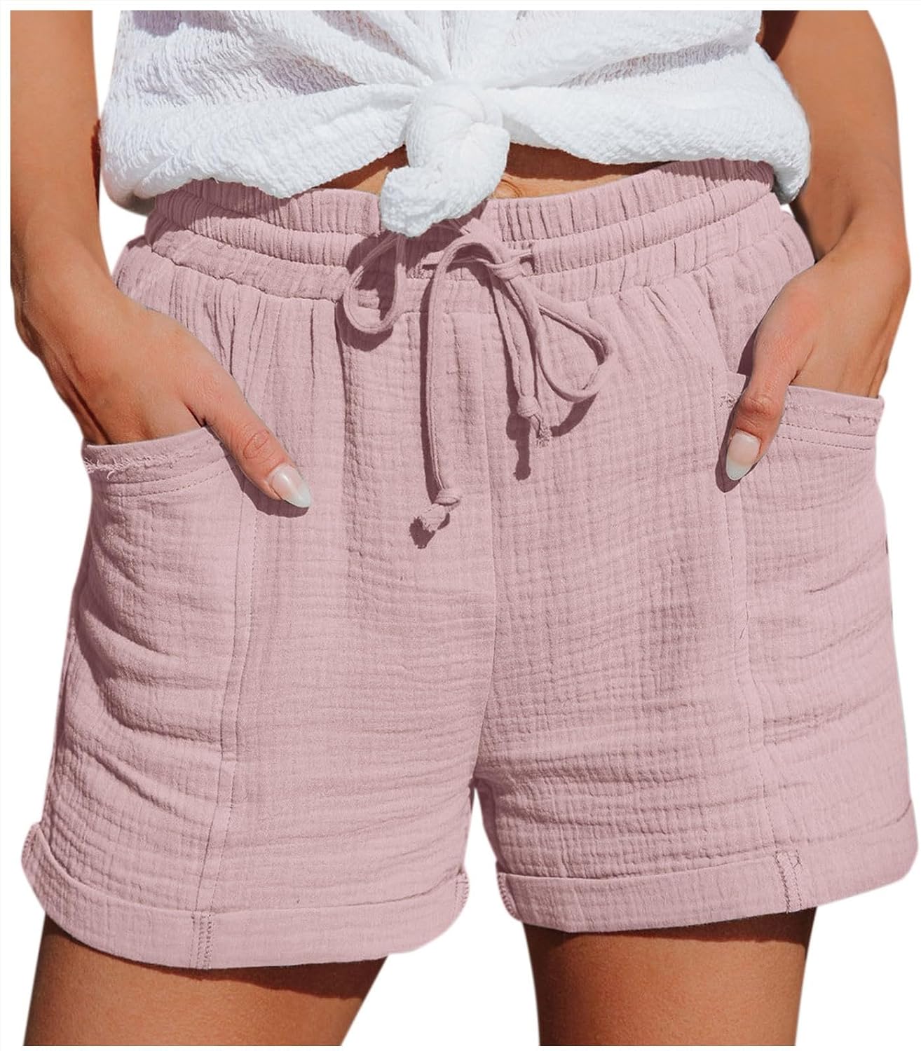 Mia Pantalones Cortos Mujer – Lino Ligero, Cintura Elástica y Bolsillos