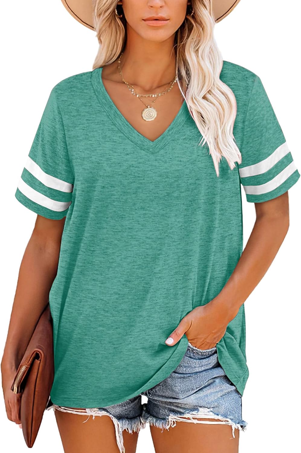 Harper T-shirt Femme Rayures – Col en V, Manches Courtes et Tissu Doux