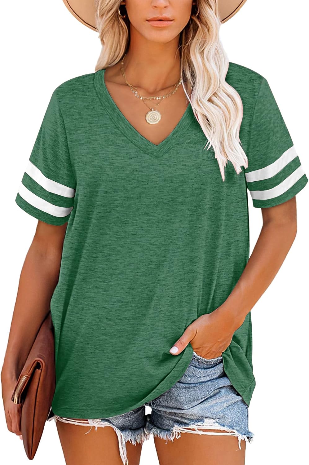 Harper T-shirt Femme Rayures – Col en V, Manches Courtes et Tissu Doux