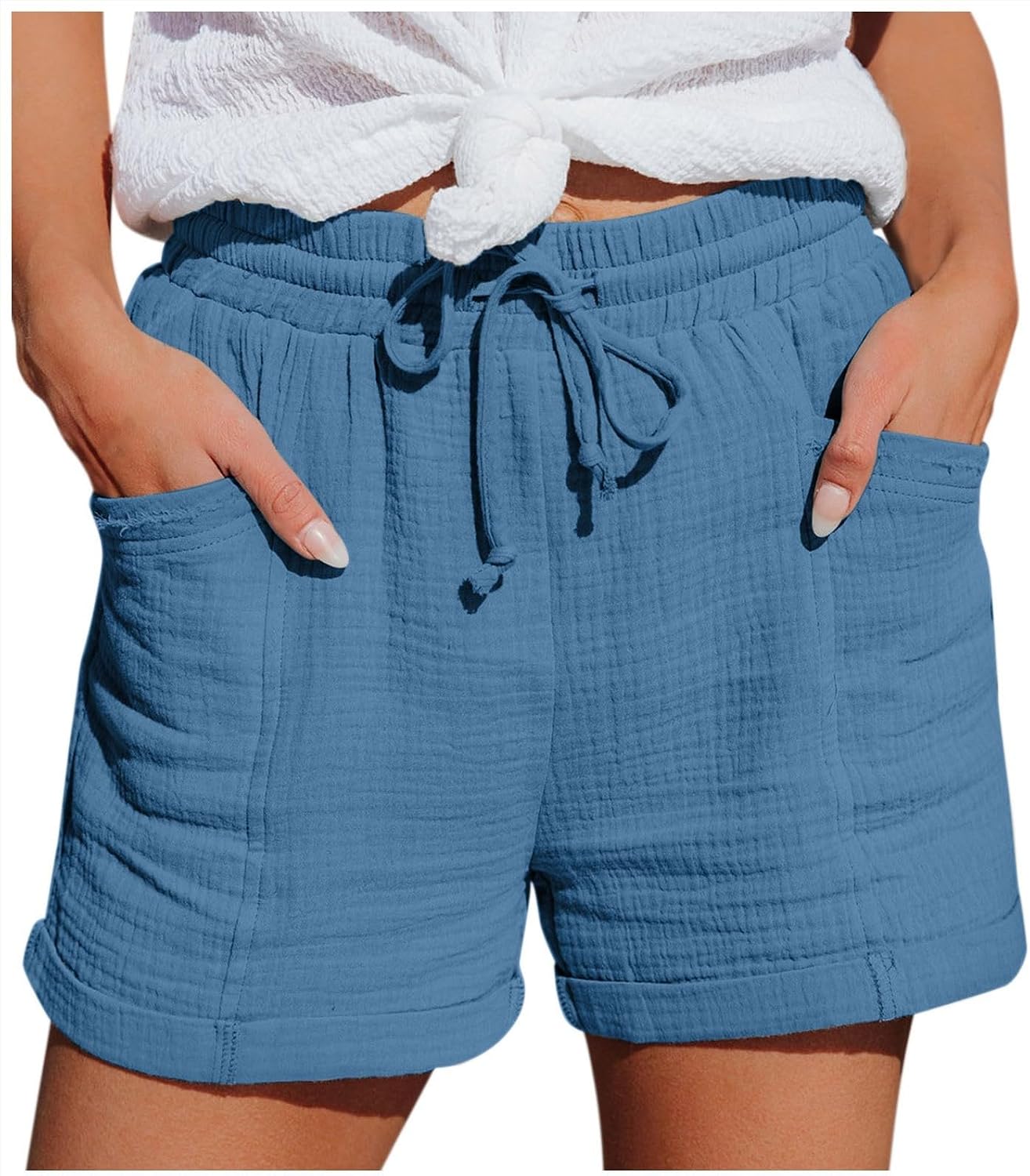 Mia Pantalones Cortos Mujer – Lino Ligero, Cintura Elástica y Bolsillos