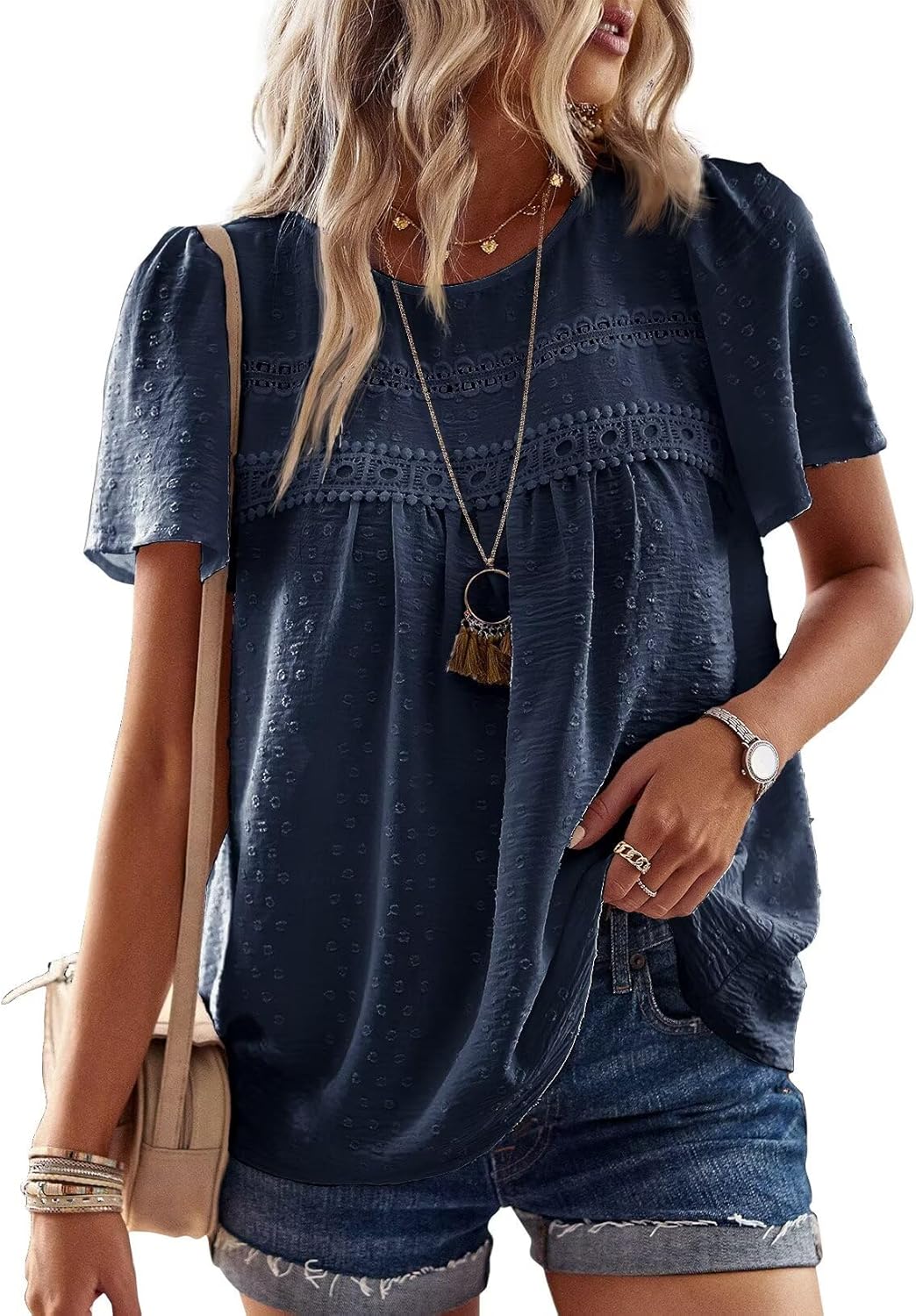 Grace Blouse Boho Femme – Dentelle, Manches Courtes et Tissu Léger Respirant