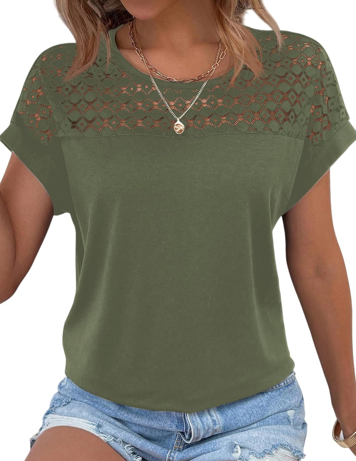 Blouse Nora en dentelle pour femme – Manches courtes, col rond et tissu respirant