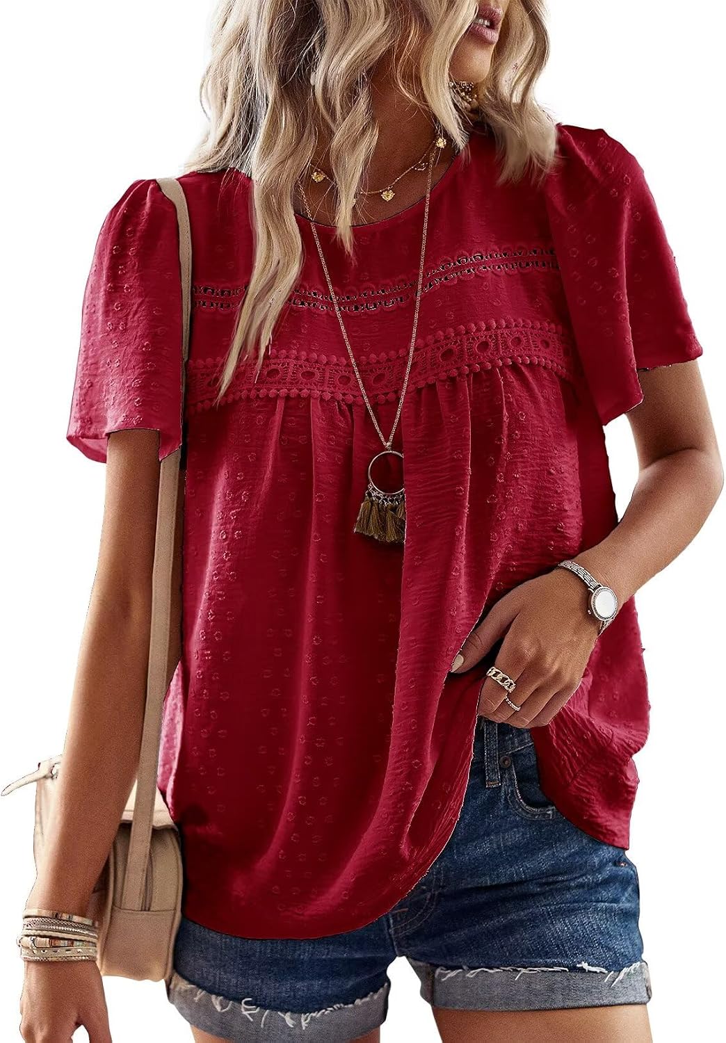 Grace Blouse Boho Femme – Dentelle, Manches Courtes et Tissu Léger Respirant