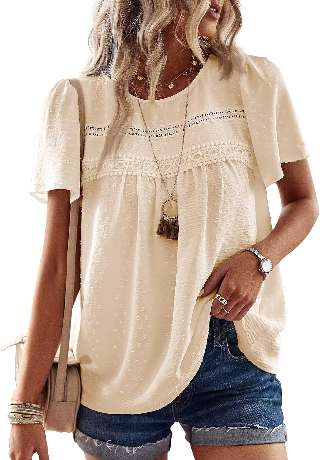 Grace Blouse Boho Femme – Dentelle, Manches Courtes et Tissu Léger Respirant