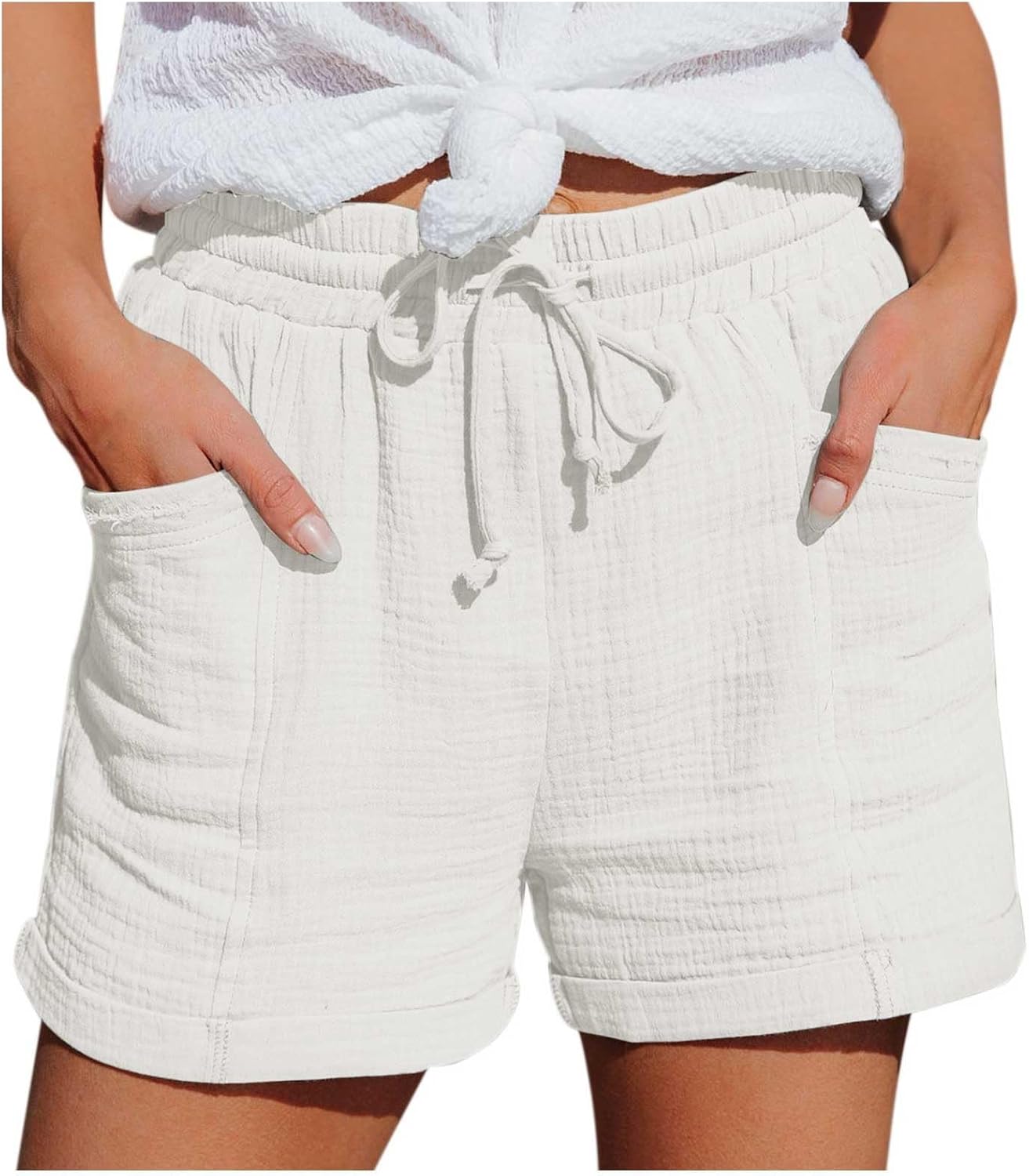 Mia Pantalones Cortos Mujer – Lino Ligero, Cintura Elástica y Bolsillos