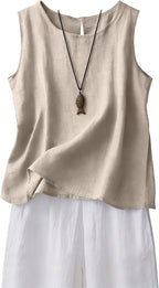 Top Chloe senza maniche da donna – Cotone e lino, collo rotondo e taglio fluido