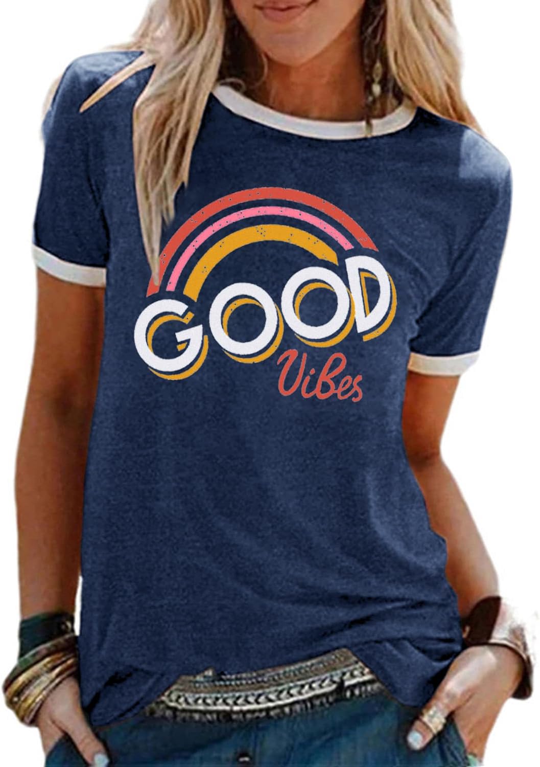 Lily Camiseta Mujer Arcoíris – Cuello Redondo, Manga Corta y Tejido Suave