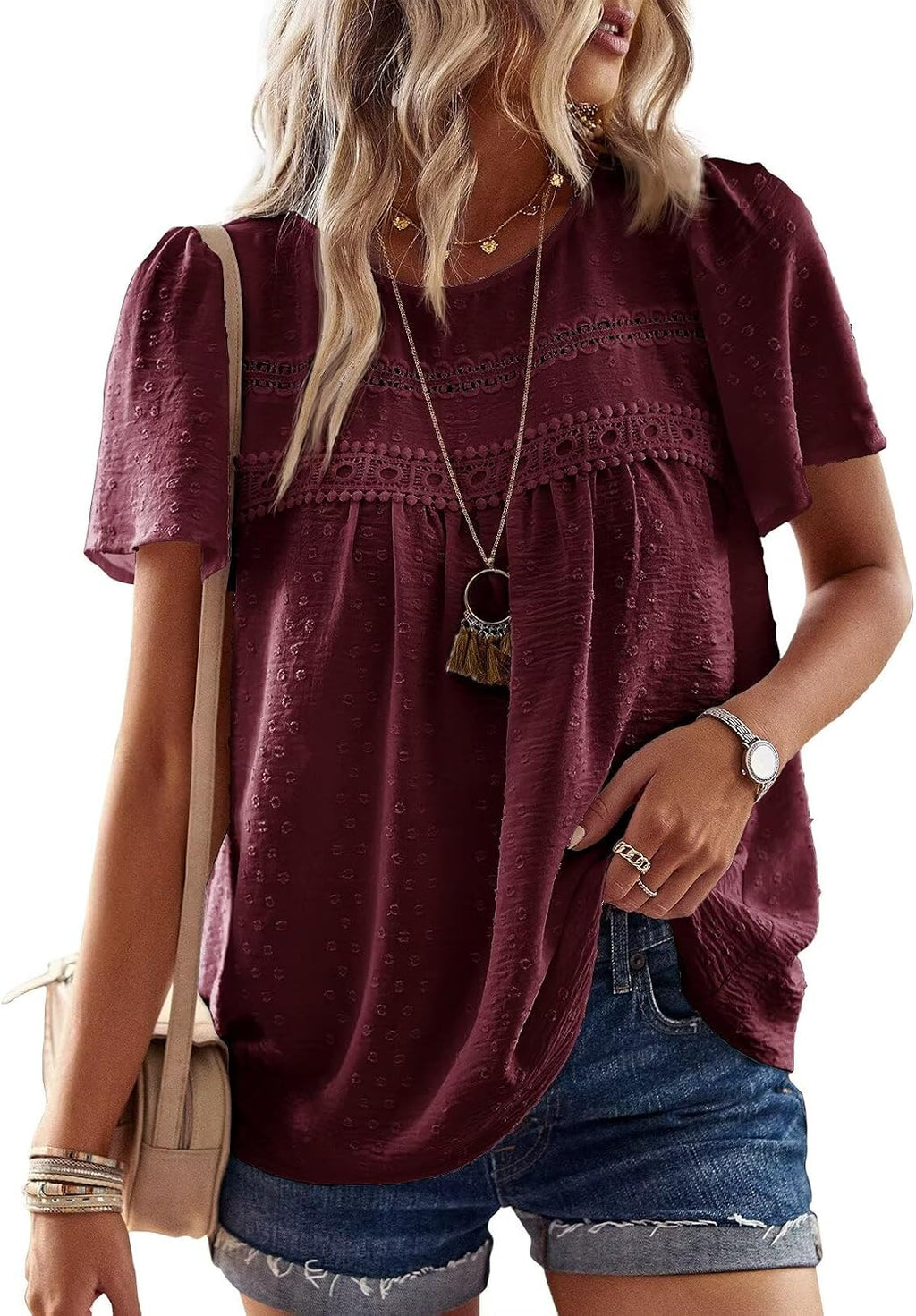 Grace Blusa Boho Mujer – Encaje, Manga Corta y Tejido Ligero Transpirable