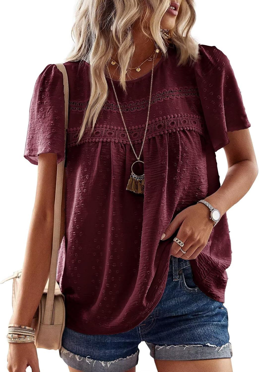 Grace Blusa Boho Mujer – Encaje, Manga Corta y Tejido Ligero Transpirable
