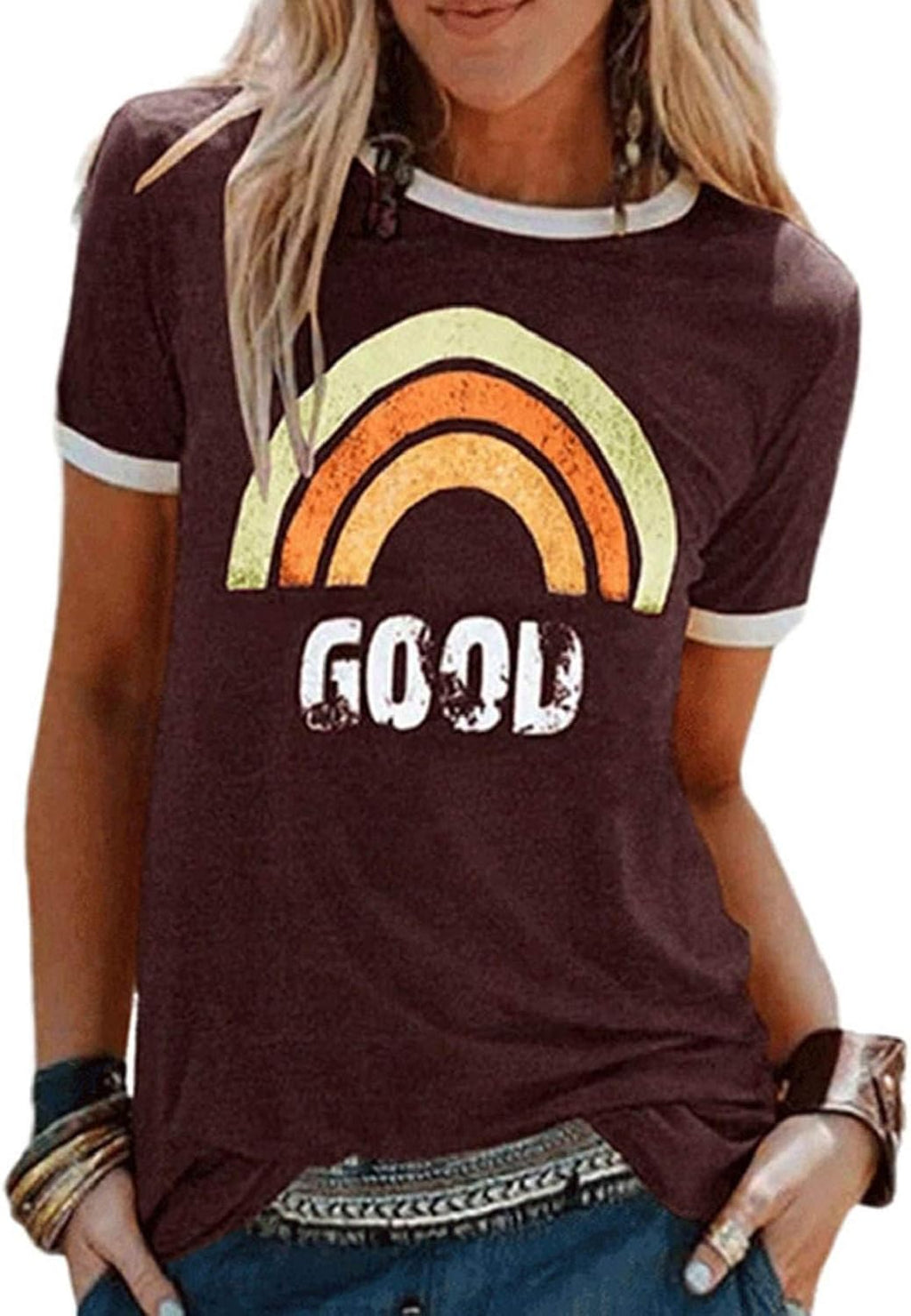 Lily Camiseta Mujer Arcoíris – Cuello Redondo, Manga Corta y Tejido Suave