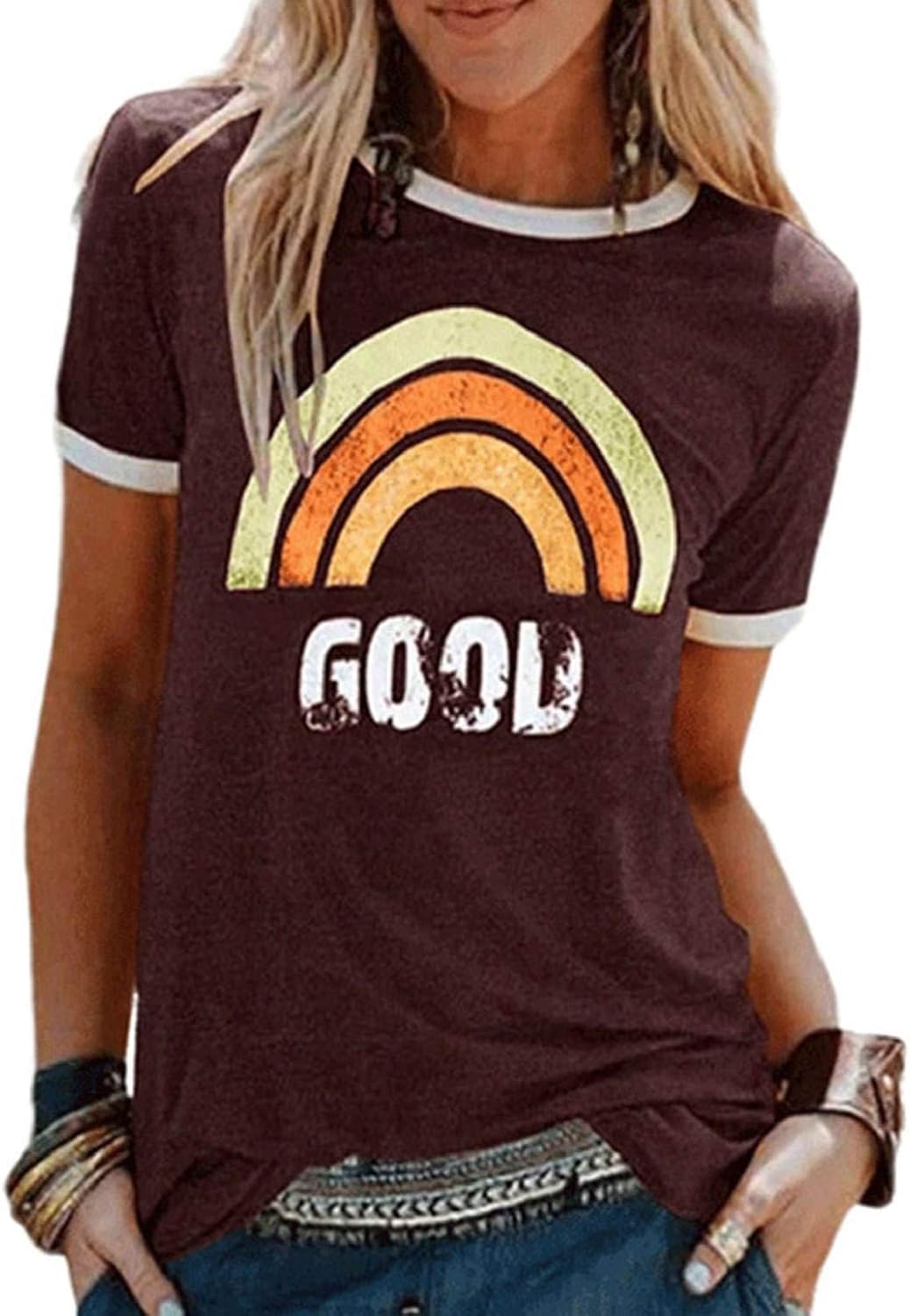 Lily Camiseta Mujer Arcoíris – Cuello Redondo, Manga Corta y Tejido Suave