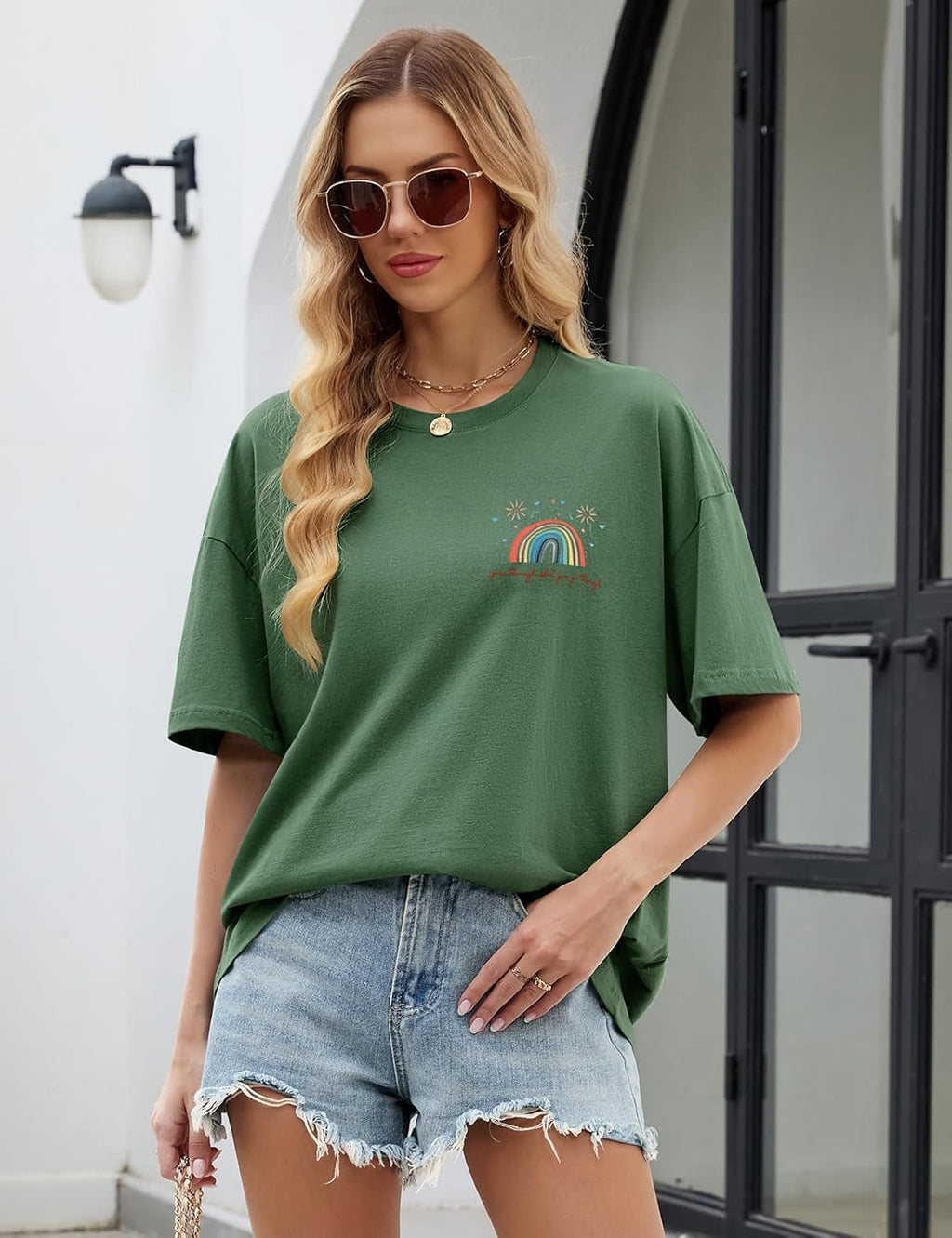 Monica Camiseta Oversize Mujer – 100% Algodón, Estampado Arcoíris y Floral