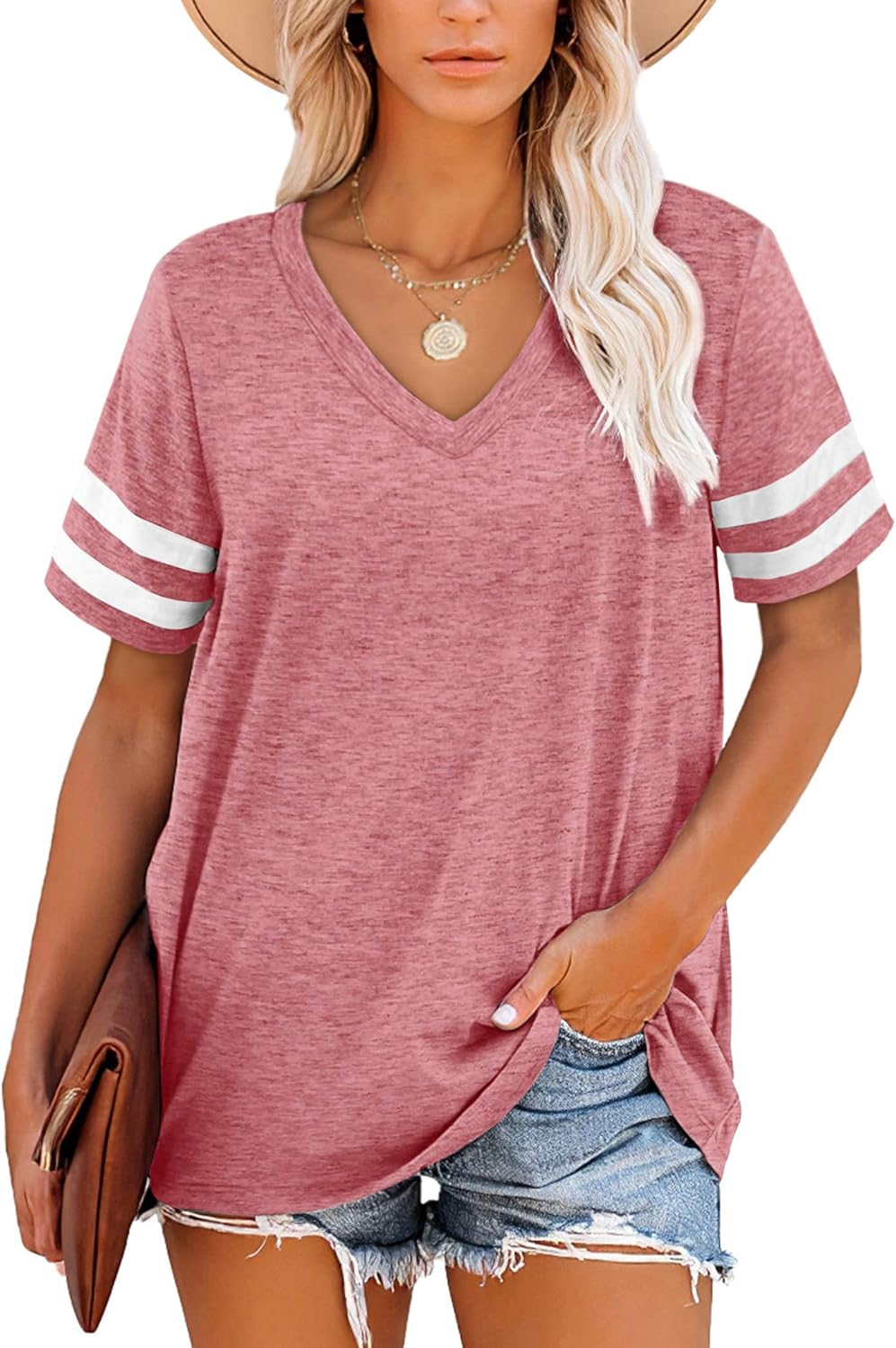 Harper T-shirt Femme Rayures – Col en V, Manches Courtes et Tissu Doux