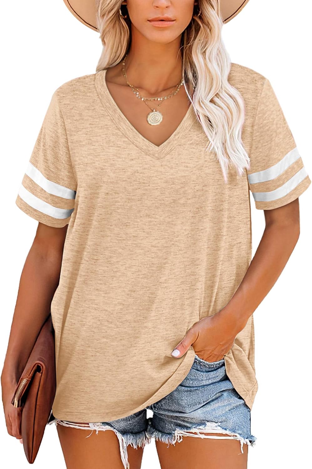Harper T-shirt Femme Rayures – Col en V, Manches Courtes et Tissu Doux