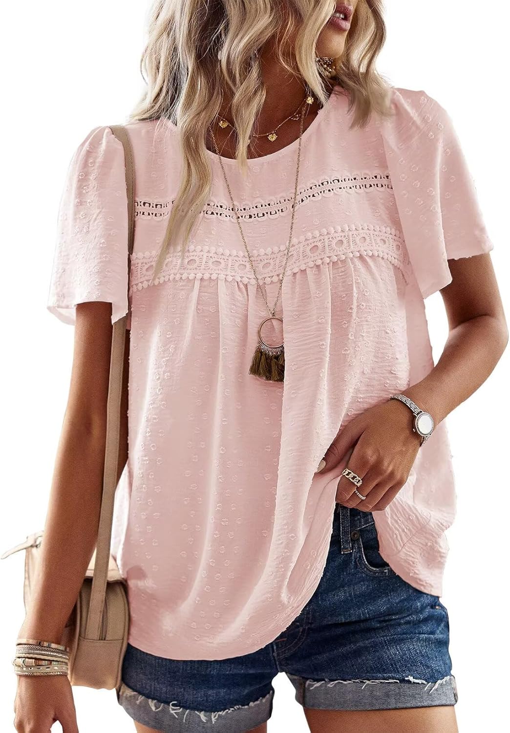 Grace Blouse Boho Femme – Dentelle, Manches Courtes et Tissu Léger Respirant