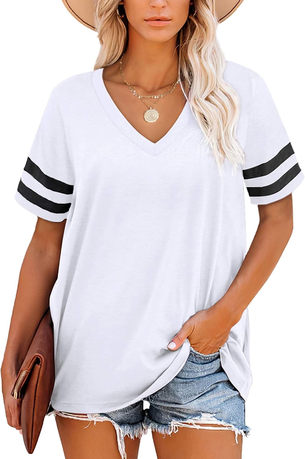 Harper Camiseta Mujer Rayas – Cuello en V, Manga Corta y Tejido Suave