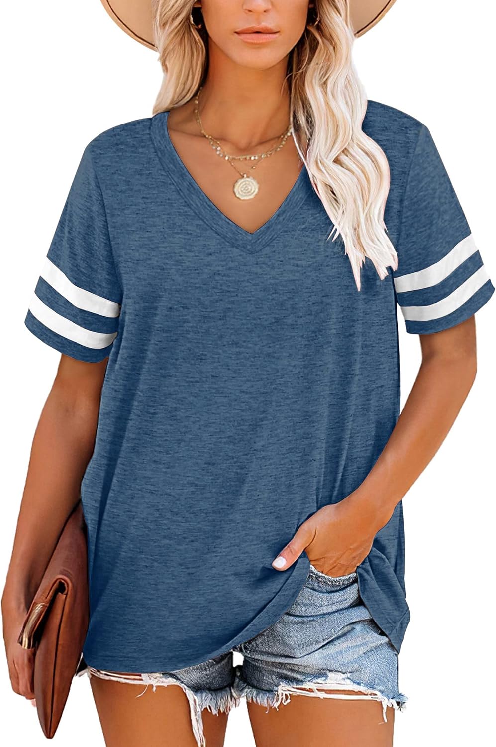 Harper T-shirt Femme Rayures – Col en V, Manches Courtes et Tissu Doux