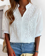 Valentina Blouse pour Femme – Décolleté en V, Manches Bouffantes et Détails Patchwork