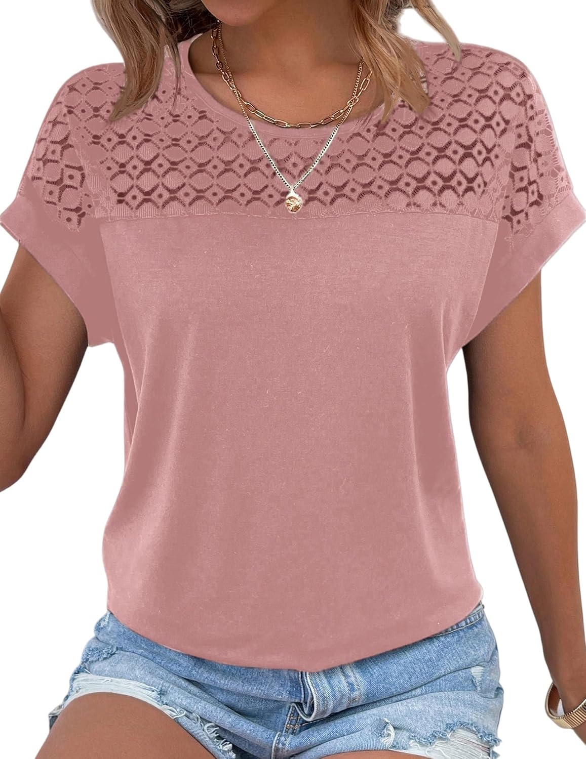 Blouse Nora en dentelle pour femme – Manches courtes, col rond et tissu respirant