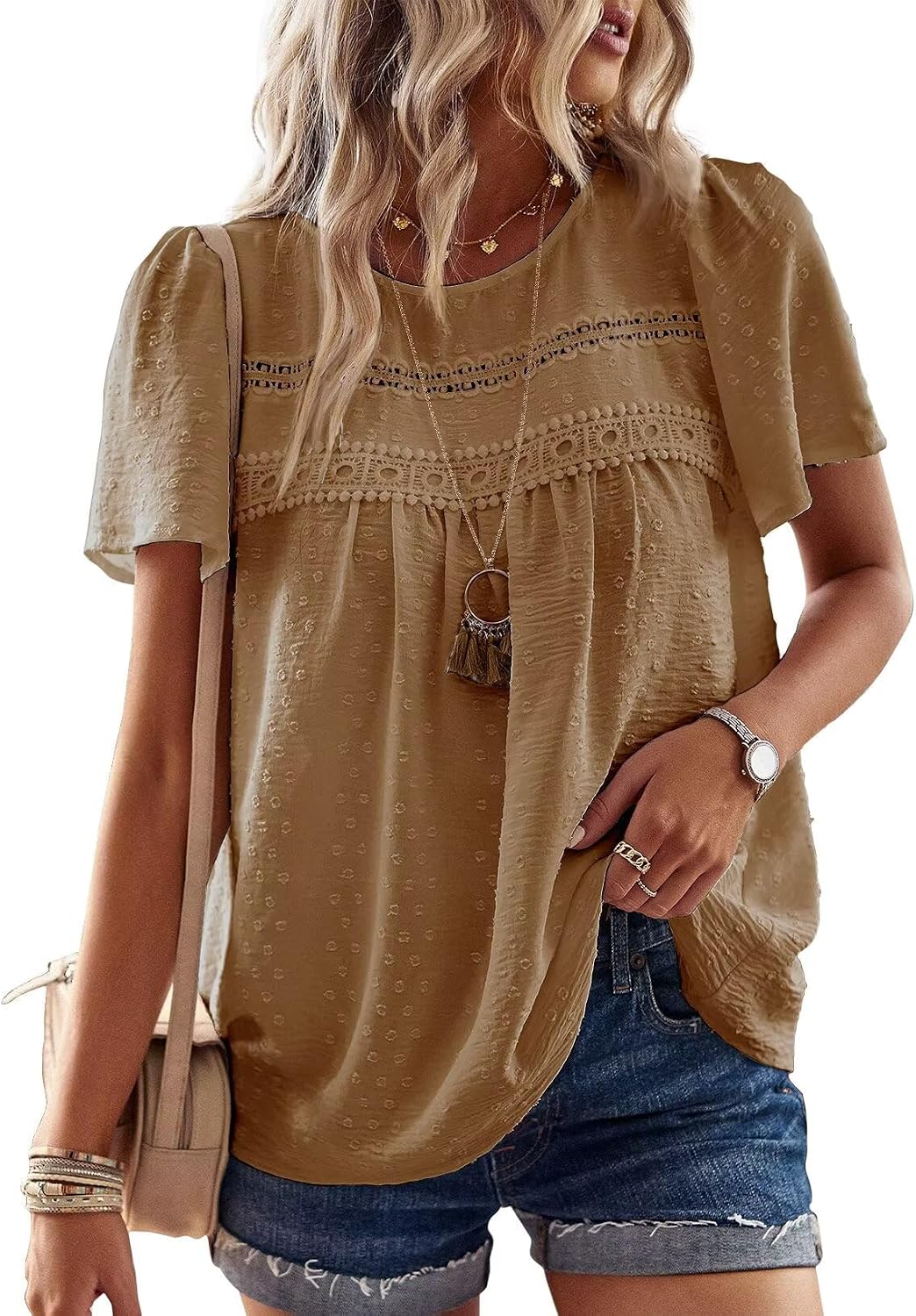 Grace Blouse Boho Femme – Dentelle, Manches Courtes et Tissu Léger Respirant