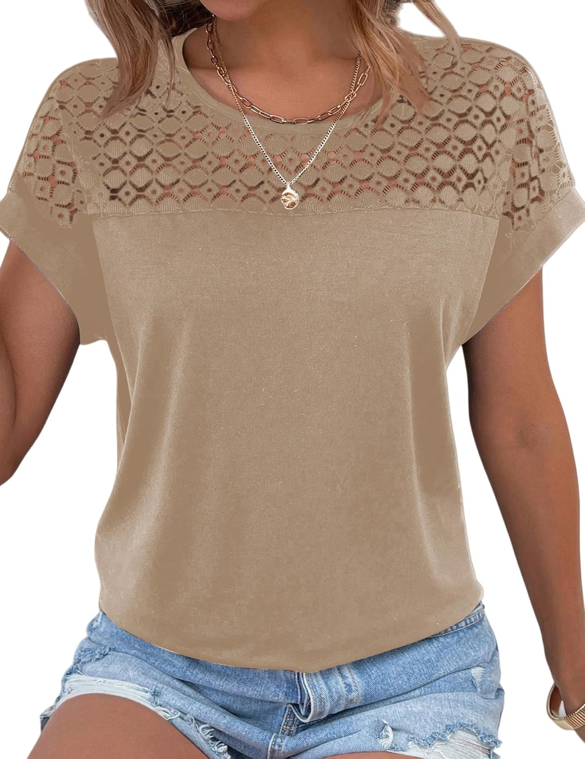 Blouse Nora en dentelle pour femme – Manches courtes, col rond et tissu respirant