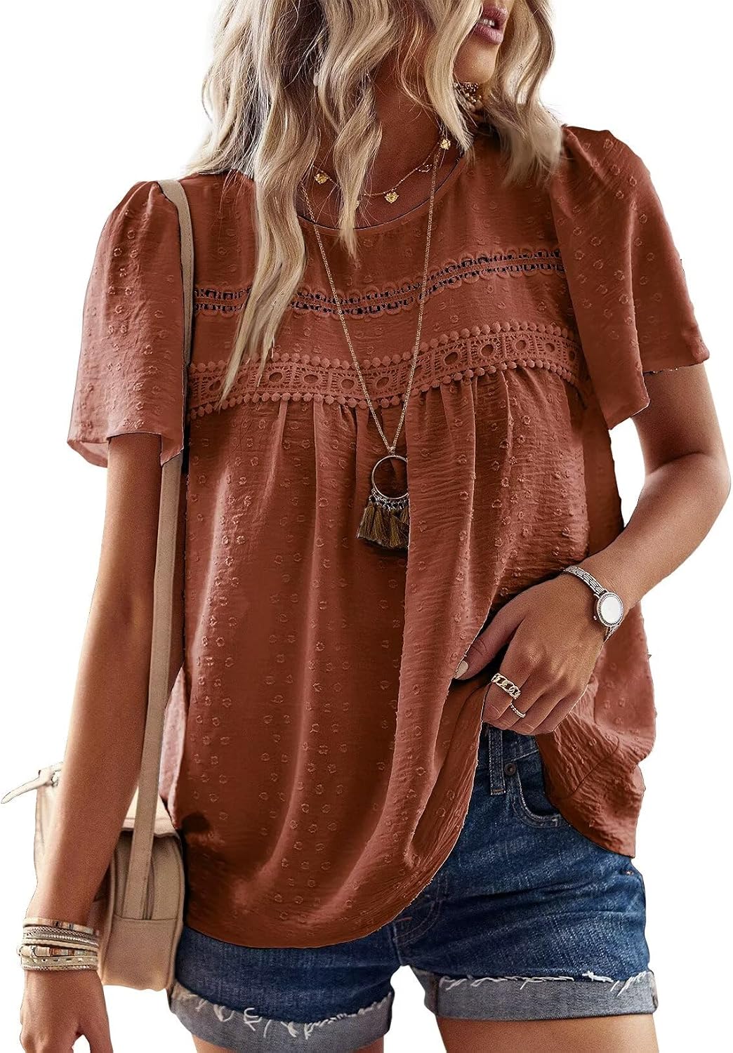 Grace Blouse Boho Femme – Dentelle, Manches Courtes et Tissu Léger Respirant