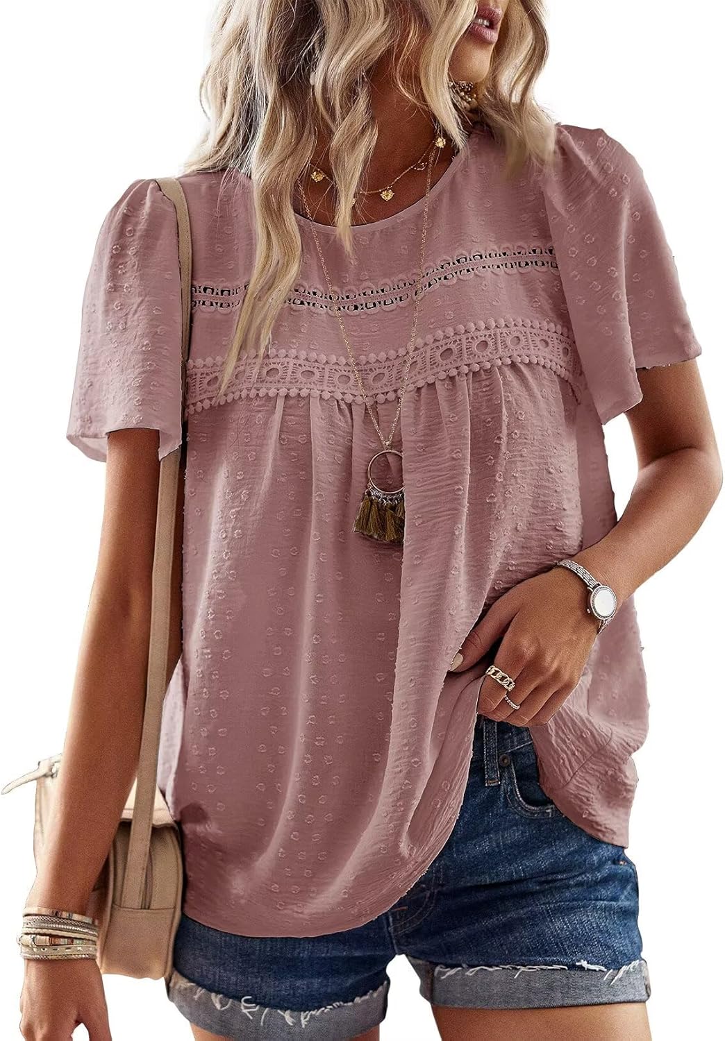 Grace Blouse Boho Femme – Dentelle, Manches Courtes et Tissu Léger Respirant