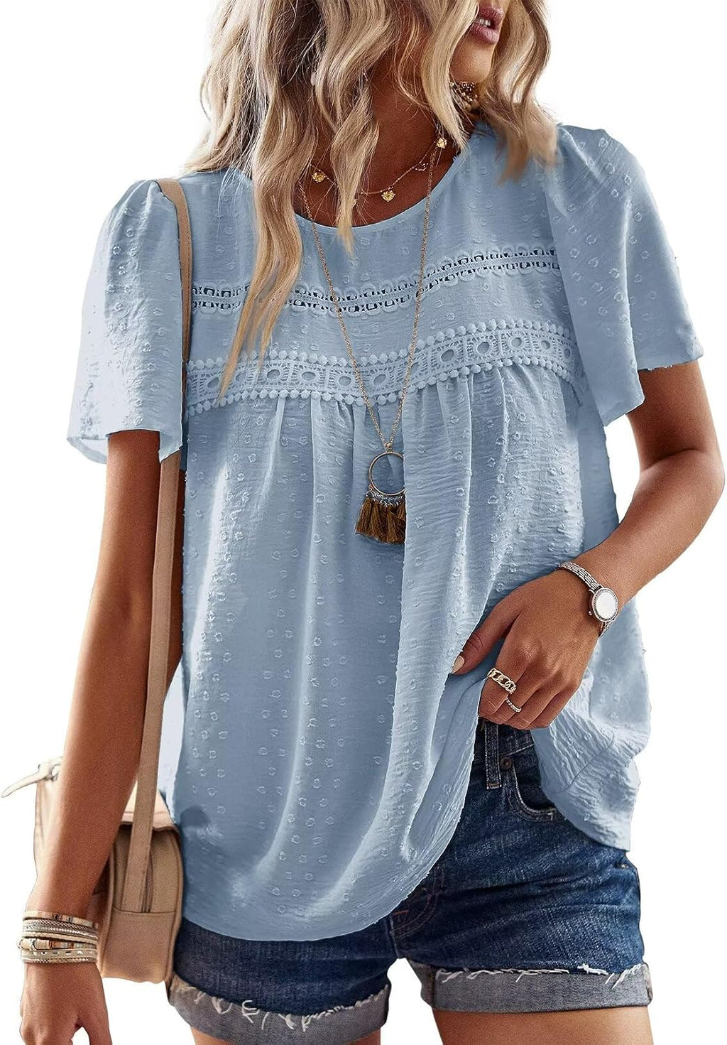 Grace Blusa Boho Mujer – Encaje, Manga Corta y Tejido Ligero Transpirable