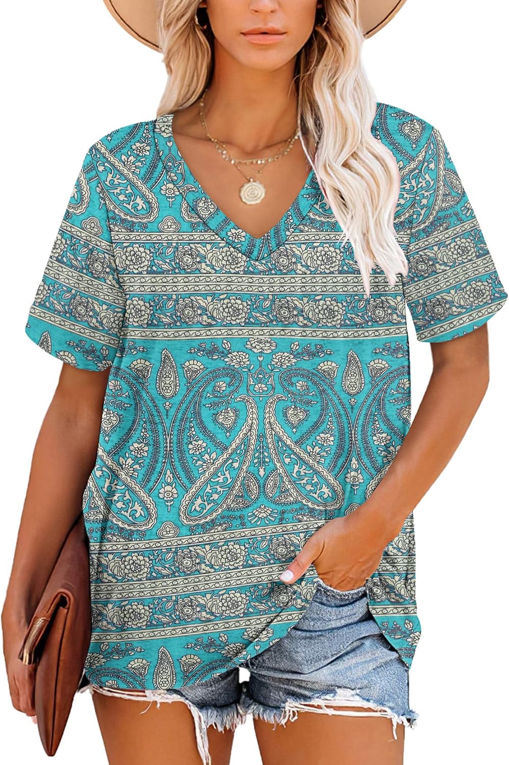Harper T-shirt Femme Rayures – Col en V, Manches Courtes et Tissu Doux
