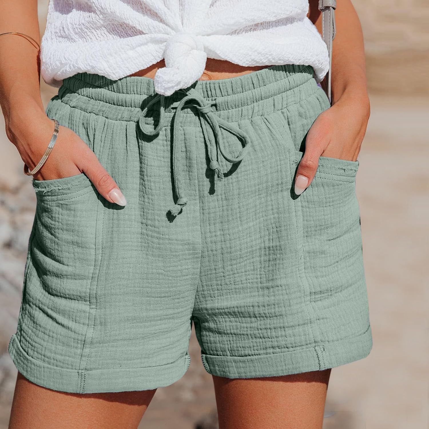 Mia Pantalones Cortos Mujer – Lino Ligero, Cintura Elástica y Bolsillos