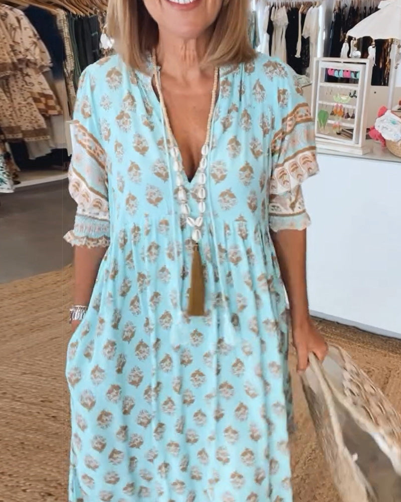 Robe Femme Tallulah – Robe Imprimée à Col V avec Manches Mi-Longues et Coupe Confortable