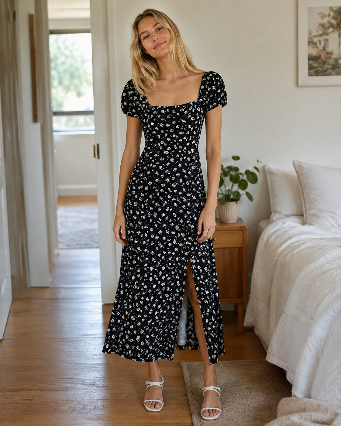 Rosalie Vestido Midi Mujer – Floral, Cuello Cuadrado, Manga Abullonada y Encaje
