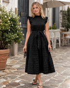 Florence Vestido Maxi Mujer – Negro, Cuello Alto, Cinturón y Bajo Corte A