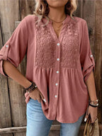 Penelope Blusa Mujer – Escote en V, Botones, Mangas Remangables y Corte Fluido